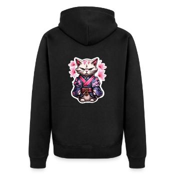 Samurai Katze & Kirschblüten #5 - Unisex Premium Bio Zip Hoodie - Schwarz - Hinten - Nico (187cm)