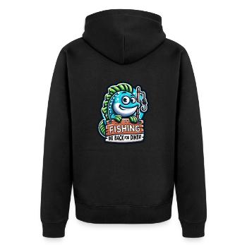Gone Fishing, Humorvolles Cartoon-Fisch-Design - Unisex Premium Bio Zip Hoodie - Schwarz - Hinten - Nico (187cm)