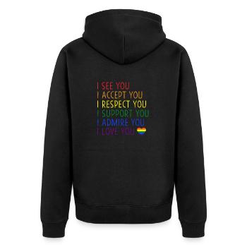 Ich sehe Akzeptieren Respekt Unterstützung Bewundern Lieben Sie LGBTQ - Unisex Premium Bio Zip Hoodie - Schwarz - Hinten - Nico (187cm)