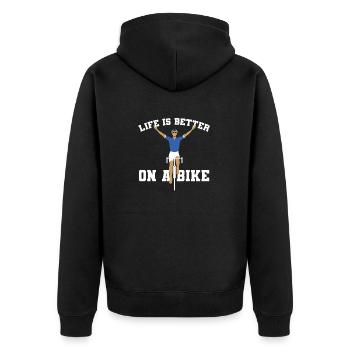 Auf dem Fahrrad lässt es sich besser leben - Unisex Premium Bio Zip Hoodie - Schwarz - Hinten - Nico (187cm)