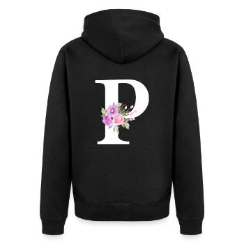 Lila Blumenbuchstabe p - Unisex Premium Bio Zip Hoodie - Schwarz - Hinten - Nico (187cm)