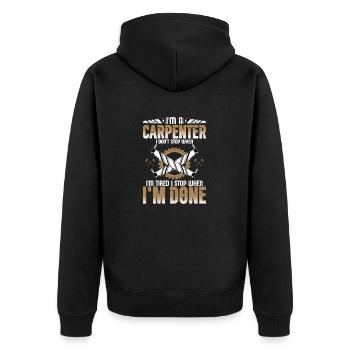 Carpenter's Determination - Done Trumps Tired - Unisex Premium Bio Zip Hoodie - Schwarz - Hinten - Nico (187cm)