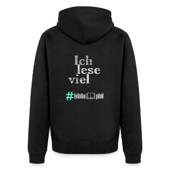 Ich lese viel - bibliophil. - Unisex Premium Bio Zip Hoodie - Schwarz - Hinten - Nico (187cm)