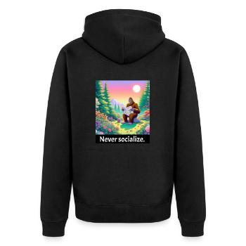 Never socialize - lustiger bigfoot - Unisex Premium Bio Zip Hoodie - Schwarz - Hinten - Nico (187cm)