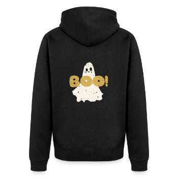Retro vintage text Boo in gold. Halloween Ghost - Unisex Premium Organic Zip Hoodie - black - Back - Nico (187cm)