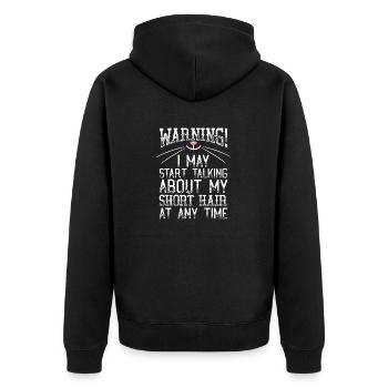 Warnung! Kann jederzeit anfangen, kurze Haare zu sprechen - Unisex Premium Bio Zip Hoodie - Schwarz - Hinten - Nico (187cm)