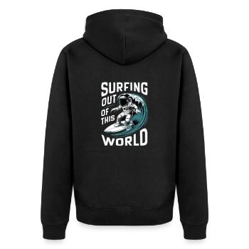 Surfen außerhalb dieser Welt - Humor - Unisex Premium Bio Zip Hoodie - Schwarz - Hinten - Nico (187cm)