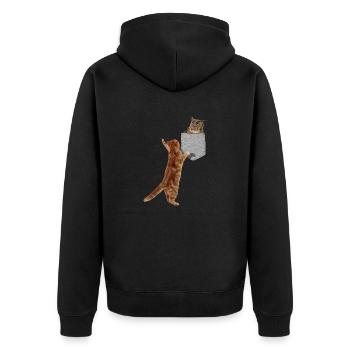 Cat Reaching For Owl In Fake Funny Print-On Pocket - Unisex Premium Organic Zip Hoodie - black - Back - Nico (187cm)