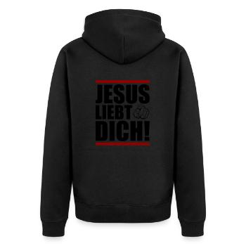jesus liebt dich - Unisex Premium Bio Zip Hoodie - Schwarz - Hinten - Nico (187cm)