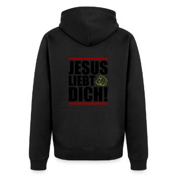 jesus liebt dich - Unisex Premium Bio Zip Hoodie - Schwarz - Hinten - Nico (187cm)