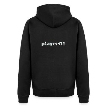 Spieler 01 Kühnes Statement Player 01 Bold - Unisex Premium Bio Zip Hoodie - Schwarz - Hinten - Nico (187cm)