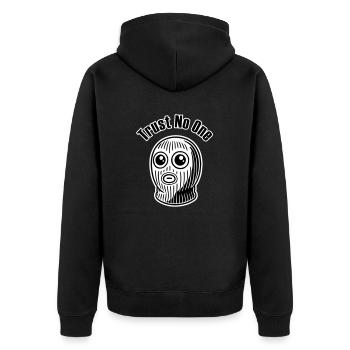 Krimineller mit großen Augen - Trust No One Design - Unisex Premium Bio Zip Hoodie - Schwarz - Hinten - Nico (187cm)