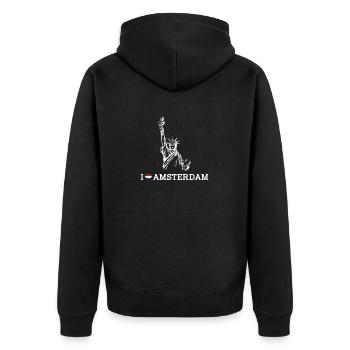 I love Amsterdam Niederlande Freiheitsstatue Wortspiel - Unisex Premium Bio Zip Hoodie - Schwarz - Hinten - Nico (187cm)