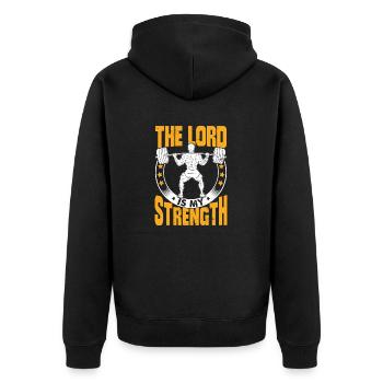 Der Herr ist meine Stärke - Unisex Premium Bio Zip Hoodie - Schwarz - Hinten - Nico (187cm)
