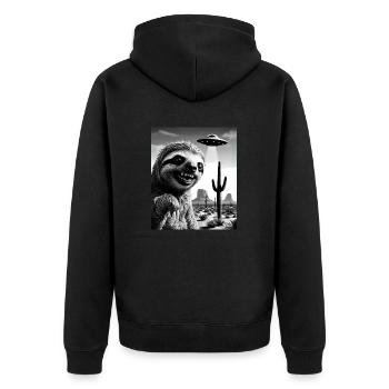 Faultier macht ein Selfie mit einem UFO | Wüste - Unisex Premium Bio Zip Hoodie - Schwarz - Hinten - Nico (187cm)