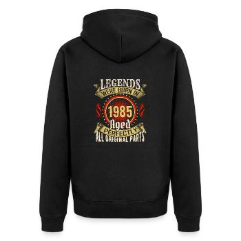 Des légendes sont nées en 1985" Vieillis parfaitement millésimés - Veste à capuche bio Premium Unisexe - noir - Dos - Nico (187cm)