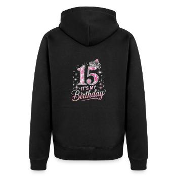15th Birthday Crown Star Glitter Design - Unisex Premium Organic Zip Hoodie - black - Back - Nico (187cm)