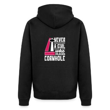 Unterschätze Nie Ein Mädchen Cornhole Spieler - Unisex Premium Bio Zip Hoodie - Schwarz - Hinten - Nico (187cm)
