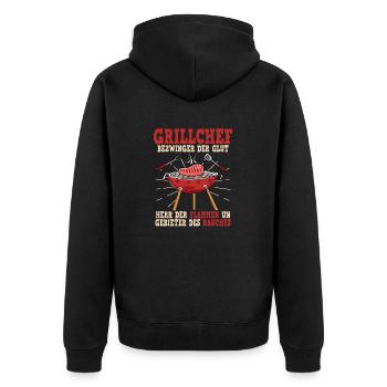 Grillchef Bezwinger Der Glut Herr Der Flammen - Unisex Premium Bio Zip Hoodie - Schwarz - Hinten - Nico (187cm)