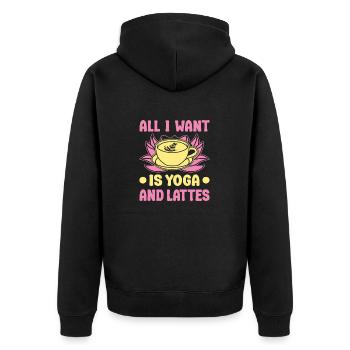 Yoga All I Want Is Yoga & Lattes Funny Yoga - Unisex Premium Bio Zip Hoodie - Schwarz - Hinten - Nico (187cm)