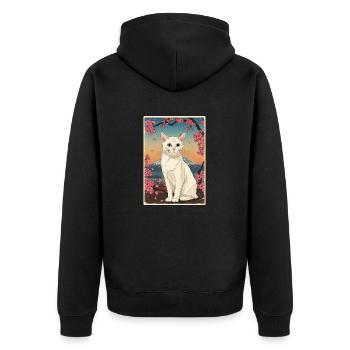 White Cat Cherry Blossom - Unisex Premium Bio Zip Hoodie - Schwarz - Hinten - Nico (187cm)