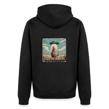 Nahe Begegnung Huhn UFO Feld - Unisex Premium Bio Zip Hoodie - Schwarz - Hinten - Nico (187cm)