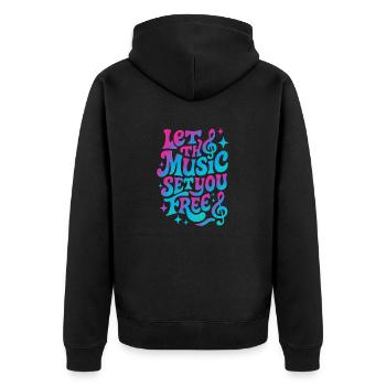 Lassen Sie sich von der Musik befreien, Retro Vibes - Unisex Premium Bio Zip Hoodie - Schwarz - Hinten - Nico (187cm)