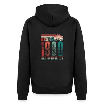 Geburtstag 1980 Jahrgang Juli Retro Geschenk - Unisex Premium Bio Zip Hoodie - Schwarz - Hinten - Nico (187cm)