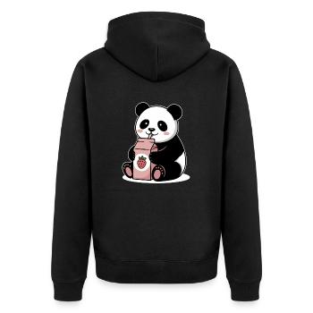Niedlicher Panda Trinkt Erdbeermilch Japanisch Lustig - Unisex Premium Bio Zip Hoodie - Schwarz - Hinten - Nico (187cm)