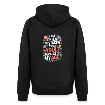 Wegen meines Alters für einen Erwachsenen gehalten - Unisex Premium Bio Zip Hoodie - Schwarz - Hinten - Nico (187cm)