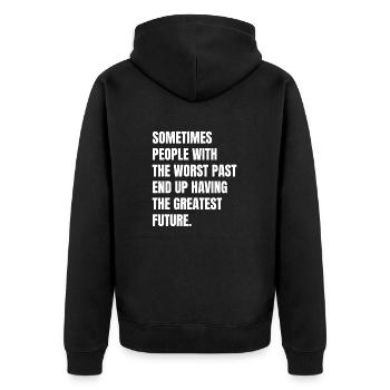 Manchmal enden Menschen mit der schlimmsten Vergangenheit - Unisex Premium Bio Zip Hoodie - Schwarz - Hinten - Nico (187cm)