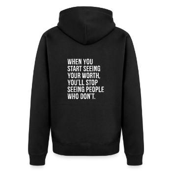 Wenn du anfängst, deinen Wert zu erkennen, wirst du aufhören, - Unisex Premium Bio Zip Hoodie - Schwarz - Hinten - Nico (187cm)