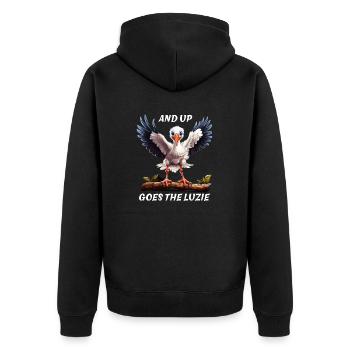 STORCH AND UP GOES THE LUCIE - Unisex Premium Bio Zip Hoodie - Schwarz - Hinten - Nico (187cm)