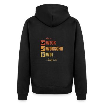 Woi Weck Worschd Pfalz Schorle Riesling Mundart - Unisex Premium Bio Zip Hoodie - Schwarz - Hinten - Nico (187cm)