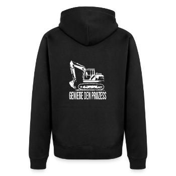 Genieße den Prozess – Mit Baggerpower ans Ziel - Unisex Premium Bio Zip Hoodie - Schwarz - Hinten - Nico (187cm)