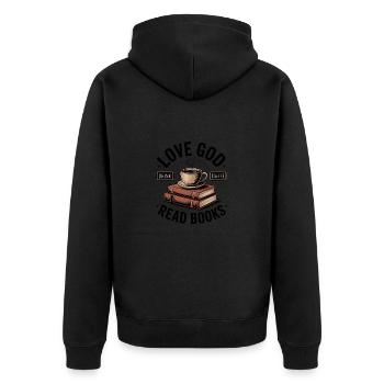 Liebe Gott, Dringe Kaffee, Lese Bücher! Christlich - Unisex Premium Bio Zip Hoodie - Schwarz - Hinten - Nico (187cm)