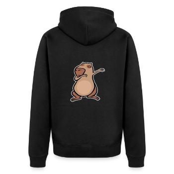 Don't worry be Cappy - Capybara dabbing - Unisex Premium Bio Zip Hoodie - Schwarz - Hinten - Nico (187cm)