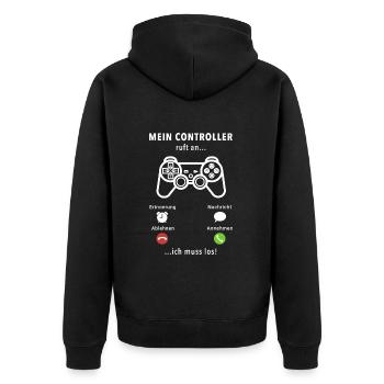 Mein Controller ruft an - ich muss los - Spruch - Unisex Premium Bio Zip Hoodie - Schwarz - Hinten - Nico (187cm)