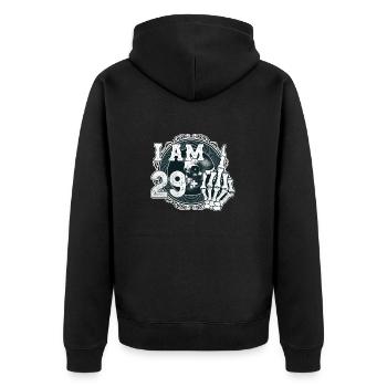 Ich bin 29 plus 1 Mittelfinger Totenkopf lustig 30. - Unisex Premium Bio Zip Hoodie - Schwarz - Hinten - Nico (187cm)