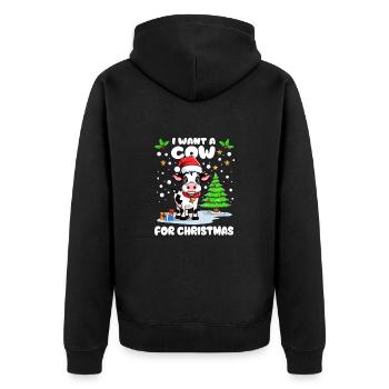 Petite vache avec casquette célébrant Noël dans la neige - Veste à capuche bio Premium Unisexe - noir - Dos - Nico (187cm)