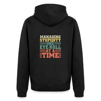 Anti-Menschen, die Dummheit managen, Augenrollen - Unisex Premium Bio Zip Hoodie - Schwarz - Hinten - Nico (187cm)