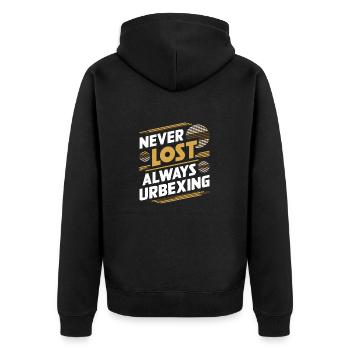 Nie verloren, immer urbexiges Abenteuer - Unisex Premium Bio Zip Hoodie - Schwarz - Hinten - Nico (187cm)