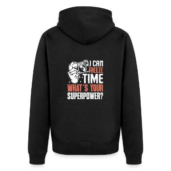 Fotografen Kamera Superkraft - Unisex Premium Bio Zip Hoodie - Schwarz - Hinten - Nico (187cm)