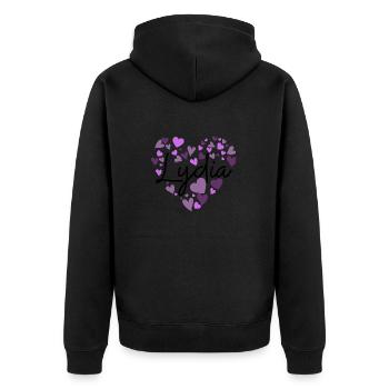 Lydia Namensdesign mit herzförmigen lila Herzen - Unisex Premium Bio Zip Hoodie - Schwarz - Hinten - Nico (187cm)