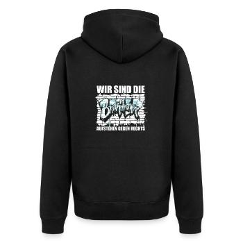 Wir sind die Brandmauer - Aufstehen gegen rechts - Unisex Premium Bio Zip Hoodie - Schwarz - Hinten - Nico (187cm)