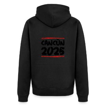 Cancun 2025 Spruch - Unisex Premium Bio Zip Hoodie - Schwarz - Hinten - Nico (187cm)