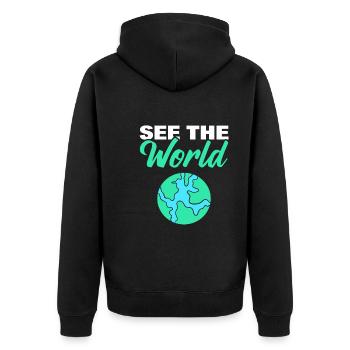 See The World Weltreisender - Unisex Premium Bio Zip Hoodie - Schwarz - Hinten - Nico (187cm)