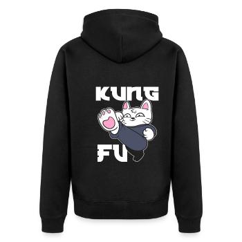 Kung Fu Cat Katzenmama - Unisex Premium Bio Zip Hoodie - Schwarz - Hinten - Nico (187cm)