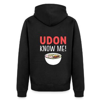 Udon Know Me Nudelsuppenbegeisterte - Unisex Premium Bio Zip Hoodie - Schwarz - Hinten - Nico (187cm)