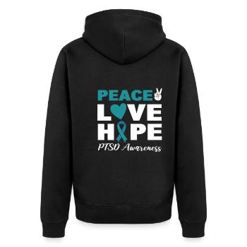 Peace Love Hope PTSD Awareness Psychiater - Unisex Premium Bio Zip Hoodie - Schwarz - Hinten - Nico (187cm)